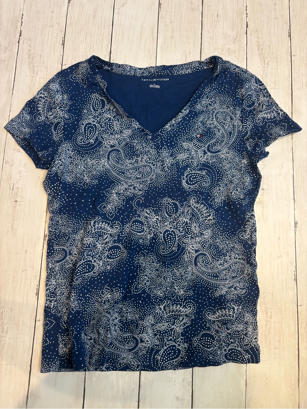 Tommy Hilfiger Navy Paisley V-Neck Tee with White Print